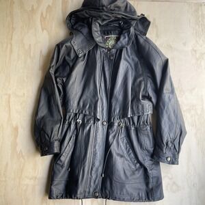 Vintage LEARSI Womens Medium Black Leather Hooded Parka Drawstring Zip Coat